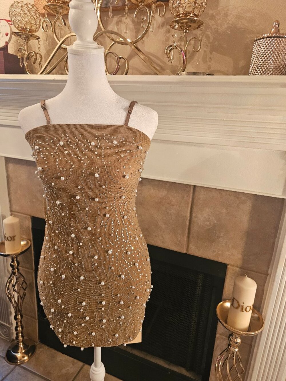 NWT Pearl & Rhinestone Bodycon Mini Dress | Size Medium | Nude/Taupe